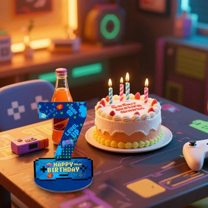 Video Game Birthday Party Decorations, Video Game Birthday Number Sign Centerpiece, 7th Table Topper Wooden Centerpiece for Gaming Theme 7th Birthday Supplies (7th) - style: 7th