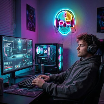 Skull Neon Sign with Headphones,LED Gaming Neon Light,Dimmable USB Powered Neon Wall Sign for Gamer Room, Bedroom, Man Cave, Cool Aesthetic Neon Sign - color: blue-skull