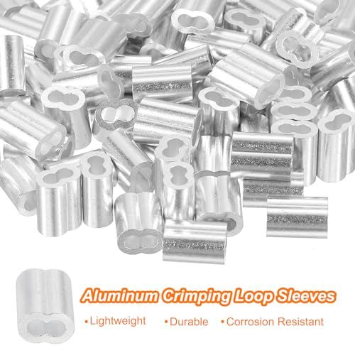 uxcell 100Pcs Aluminum Crimping Loop Sleeve for 3/32" Diameter Wire Rope, Double Ferrule Aluminum Wire Rope Sleeve for Cable Line End - size: 3/32"