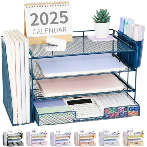 OPNICE Desk Organizer, 4-Tier Desktop File Organizer with Drawer and Pen Holders, Office Desk Accessories, File Sorters, Workspace Organizers for Office Supplies(Dark Blue) - color: Dark Blue, size: 4-tier