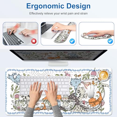 Cute Desk Mat, 4in1 Large Mouse Pad with Wrist Rest, Desk Matt for Desktop, Desk Pad Mat, Anti-Slip XXL Computer Ergonomic Mousepad with Wrist Support for Keyboard and Mouse I Funny Cat Animals - color: Funny Cat Animals