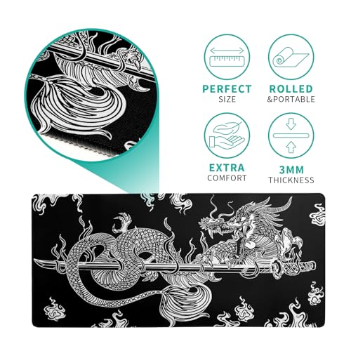 Dragon Gaming Mouse Pad - Black, Large (31.5x11.8 Inch), Non-Slip Base, Stitched Edge for Gaming & Office - color: Dragon
