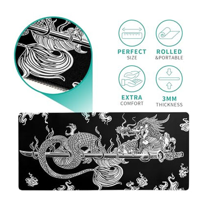 Dragon Gaming Mouse Pad - Black, Large (31.5x11.8 Inch), Non-Slip Base, Stitched Edge for Gaming & Office - color: Dragon