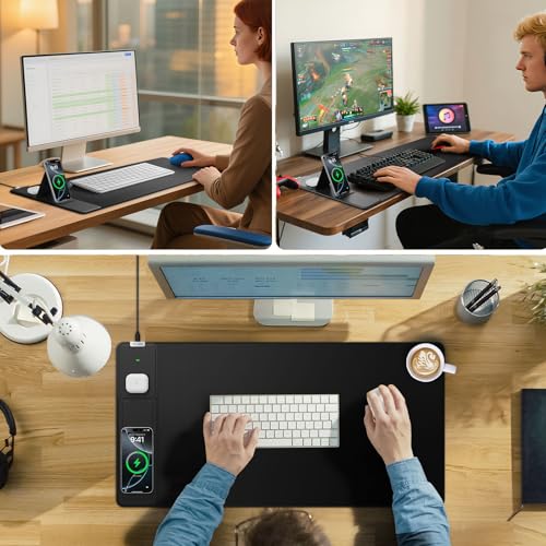 Wireless Charging Mouse Pad with Foldable Phone Holder, 31.5"x15.8" Large Desk Mat for Laptop/Keyboard, Waterproof Ultra-Smooth Surface, Non-Slip Base, Black - color: Black-Phone Holder-31.5"x15.8"