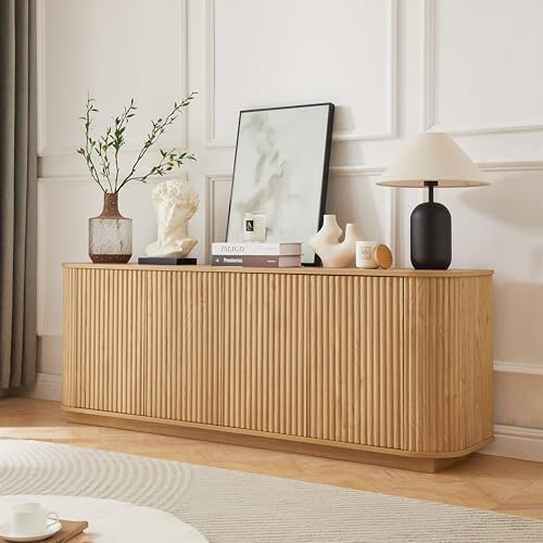 64" Modern TV Stand Sideboard Storage Cabinet, Wooden Curved TV Console with Sliding Doors, Wave Pattern Buffet Cabinet Wooden Vertical Striped Table for Kitchen/Bedroom/Entryway (Natural) - color: Natural