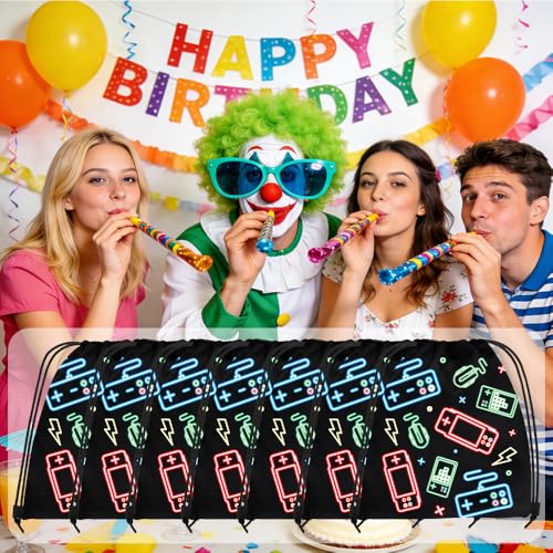 12 Pcs Game Party Supplies Favors Gift Bags Drawstring Backpack for Storage Candy Snacks Treat Goodie Bag for Game Theme Birthday Party School Travel Storage Bag(9.8x11.8Inch)