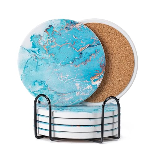 Hoewina 6Pcs Drink Coasters with Holder, Natural Style Ceramic Drink Coaster, Absorbent Coasters Set Suitable for Kinds of Cups, Modern Style Coasters for Coffee Table, 4 Inches（Style 5） - color: Style 5