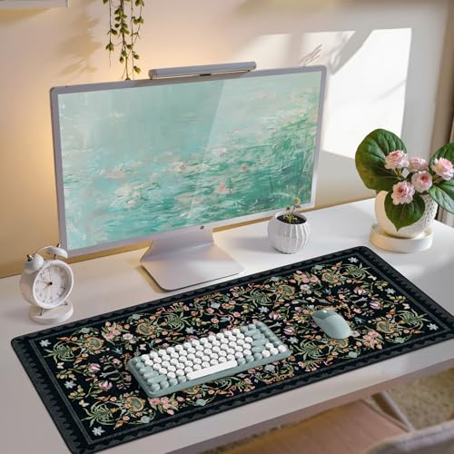iCasso Large Desk Mat Black,Big Mouse Pad with Stitched Edges,Aesthetic Computer Pad for Desktop,Anti-Slip Keyboard Mat for Women,Floral Desk Cover Protector Work from Office Home Dorm - color: Palace Flowers-black