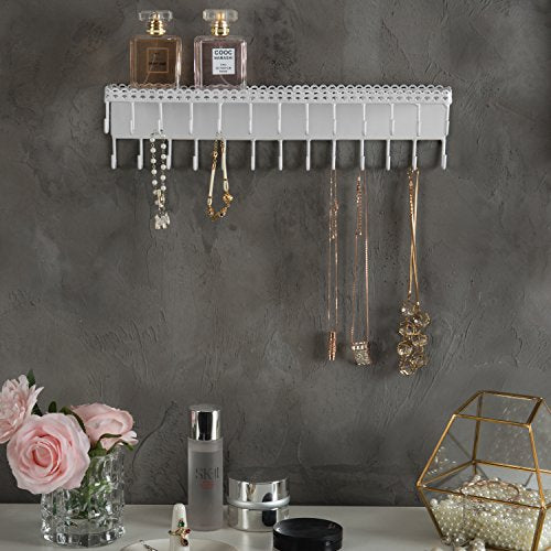 MyGift White Metal Wall-Mounted Jewelry Hanging Shelf with 26 Necklace Hooks, Set of 2 - color: White-set of 2