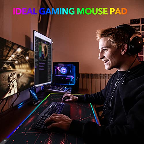 AIMSA Large Gaming Mouse Pad RGB, Keyboard Led Mousepad Extended 35.4 x 15.8 inch Non-Slip Rubber Base with 14 Lighting Modes Desk Mat, Red Circuit Board Motherboard - color: Red Circuit Board Motherboard