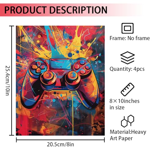 CRAFTYMELODY Cool Gaming Wall Art Prints Set of 4 Retro Poster Wall Decor Street Art Home Artworks for Library Gallery Living Dining Room Bedroom Bathroom Home Decoration 8x10 Inch Unframed - color: Cool Gaming