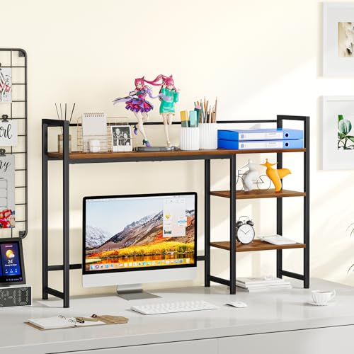 Snughome Desk Shelf, 44.9" Large Desktop Organizer Shelf, Desk Hutch for Computer Monitor, 4 Tier Desk Top Display Rack, Wood Desktop Bookshelf Storage Rack for Home Office Dorm - color: Rustic Brown, size: 44.9"