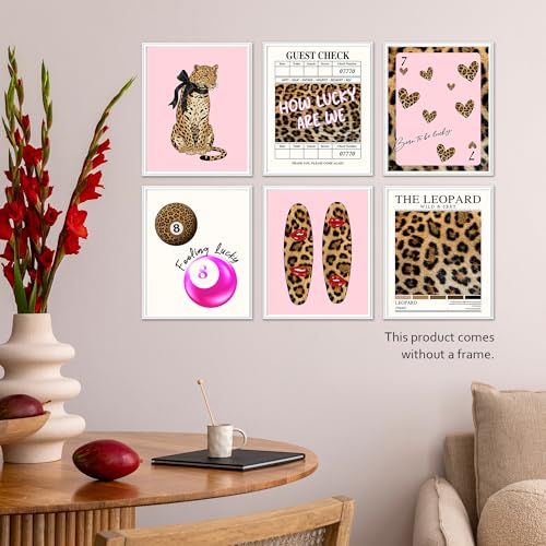 Isfvqyub Preppy Cheetah Leopard Wall Art, Aesthetic Lucky 8 Ball Stockholm Poster For Girl Boy, Trendy Pink Poker Wall Decor For Bedroom Dorm College Apartment Office, Set Of 6 -A04 - size: Leopard