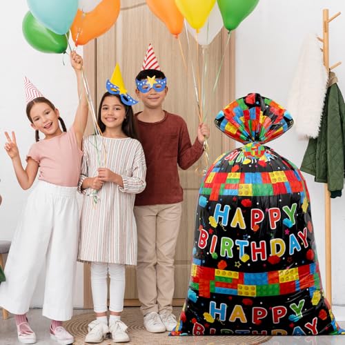 gisgfim 1Pcs Extra Large Birthday Plastic Gift Bags 37x56 Inch Oversized Party Gift Wrapping Bag Building Block Theme Party Decorations for Kids Boys Girls Happy Birthday Baby Shower Holiday Supplies - style: Building Block