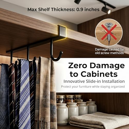 Black Clip-On Under Cabinet Mug Holder with 3 Storage Hooks | Fits boards ≤0.9", rustproof, holds mugs, utensils, scarves for kitchen RV storage - color: Black