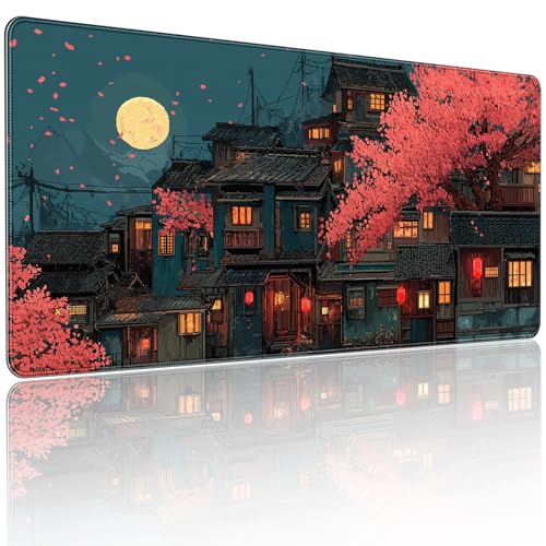 Japanese Anime Cherry Blossom Night Scene Mouse Pad, XXL Extended 35.4 x 15.7 Inch Desk Mat, Non-Slip Rubber Base, Microfiber Cloth Surface, Game Table mat - color: Japanese-style Night Scene Design