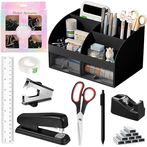 COMFYROOM Black Desk Accessories with Pen Holder, Office Supplies Desk Organizers and Accessories, Tape Dispenser, Stapler, Staple Remover, Staples, Clips Set, Ruler, Scissor, Pen, Tape (Black) - color: Desk Accessories Office Supplies-Black
