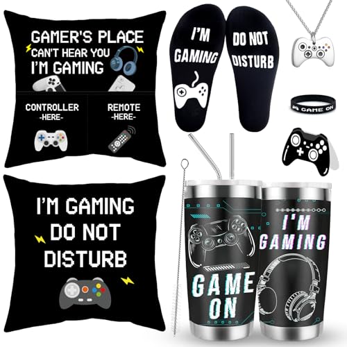GOAUS Gamer Gifts Set for Easter, Gaming Socks, 20 oz Tumbler, Pillow Cover 18x18 inch, Necklace, Bracelet, Gift Card for Teen Boys Men Teenagers Him - color: Gamer Combo