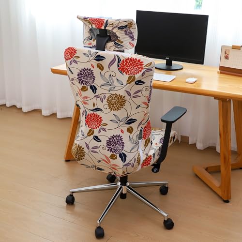 Ergonomic Office Chair Covers Set with Headrest Cover Floral 2 Pieces Stretch Desk Computer Office Chair and Headrest Slipcovers Washable - color: Printed Flower, size: Chair and Headrest Covers