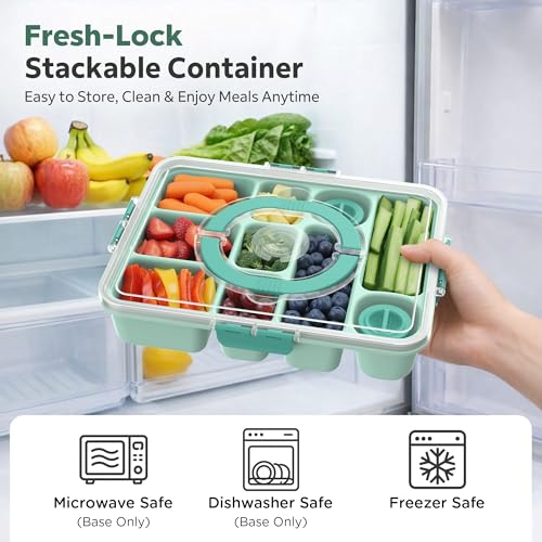 Snackle Box Container for Adults with 10 Compartment, Divided Serving Tray with Lid and Handle and 2 Sauce Containers, Portable Snack Box Container for Charcuterie Party Travel, Green - color: Green