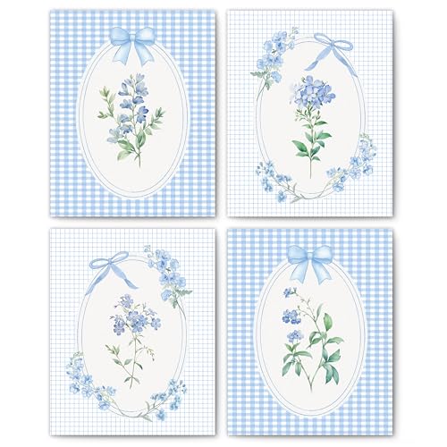 FITIE Blue and White Checkered Floral Wall Art Posters Set of 4, Grandma Core Home Decor, Cottagecore Coquette Blue Bow Bell Flower Canvas Prints Artwork Wall Decor, 8x10 Unframed - color: Home Wall Art 12