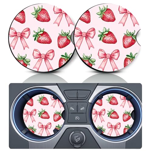 2PCS Strawberry Bow Car Cup Holder Coasters,Cars Coasters for Cup Holders,2.75" Universal Anti Slip Rubber Mat with Finger Slot,Strawberry Bows Car Accessories Interior Decor,Bow Gifts for Women,Men - color: Bow Strawberry