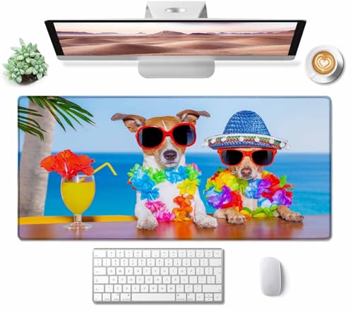 Gaming Mouse Pad, Large Beach Dog Mouse Pads for Desk, Non-Slip Rubber Base Mousepad, Keyboard Mouse Mat Desk Pad with Stitched Edges, 31.5x15.7 inch - color: Beach Dog, size: 31.5L x 15.7W inches