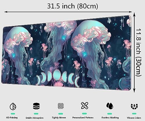 DCJJM Anime Desk Mat Jellyfish Neon Blue XL Mouse Pad Gaming Ocean Moon Computer Keyboard Pad 80 x 30cm Women Desk Protector with Stitched Edges - color: Neon Blue Jellyfish, size: 31.5" x 11.8"