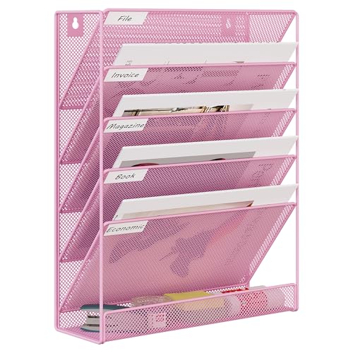 EasyPAG 5 Tier Wall File Holder, Mesh Hanging Folder Organizer with Classify Label, Versatile Desk File Holder, Vertical Wall Mounted Mail Organizer for Office Home Cubicle, Pink - color: Pink