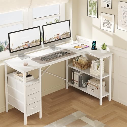 DUMOS L Shaped Desk with Shelf Drawers 55 Inch, White Corner Computer Desks Gaming with Power Outlet, Study Table with Adjustable Shelves, Home Office Tables for Bedroom Teacher Reading Writing - color: Milky