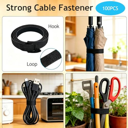 100pcs Reusable Cable Ties - Hook and Loop Cable Straps for Wire Management - 6 Inch Adjustable Cord Organizer & Wire Ties for Electronics, PC, Home Office & Garden - Black Fastening Wraps - style: 6 Inch 100PCS reusable