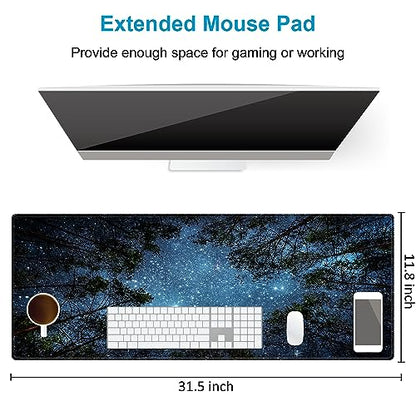 Extended Desk Mat (31.5x11.8 inch 3mm Thick), iDonzon Soft Cute Extra Large XXL Waterproof Gaming Mouse Pad with Non-Slip Rubber Base & Stitched Edges, for Working/Game, Forest Starry - color: Blue