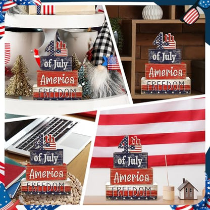 Britimes 4 Pcs 4th of July Decor Patriotic Tiered Tray Decorations Set, Memorial Day Table Sign Farmhouse Red White Blue Rustic Wooden Block Stack Sign for Home Fireplace Mantel (4th of July) - style: 4th of July