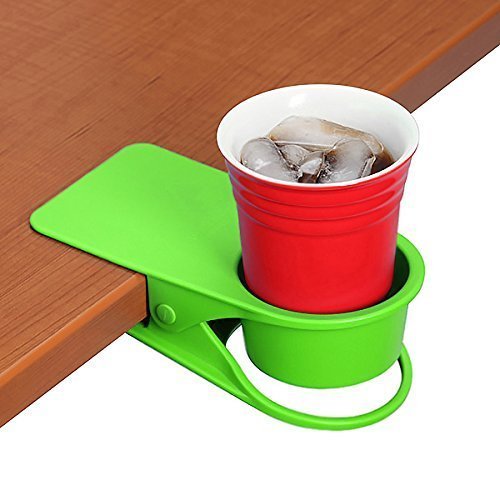 Cup Clip Drink Holder - Green - Snap to Tables, desks, Chairs, Shelves, counters. Keep Your Beverage, Smartphone or Other Small Item Secure and Out of The Way. 2 Pack