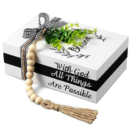 Capoda 3 Pcs Decorative Books for Home Decor Farmhouse Faux Stacked Books Wooden Rustic Table Decor with Bead Garland Twine Ribbon Faux Leaf for Table(Blessed) - style: Blessed