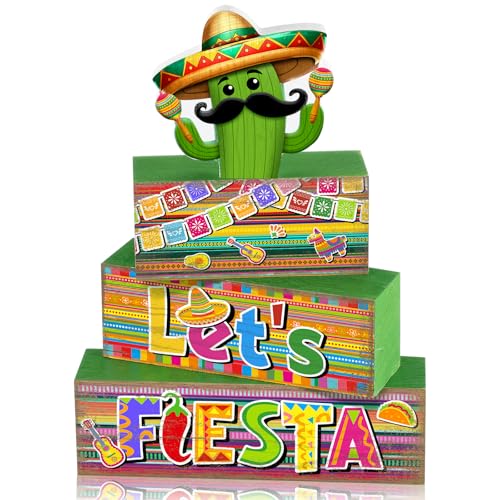 Yuntau 4 Pcs Mexican Fiesta Party Decorations Wooden Cinco De Mayo Tabletop Decor Lets Fiesta Tiered Tray Decor Rustic Wood Block Sign Gift Farmhouse Mexican Centerpieces Portable Shelf Home Office - style: Cactus