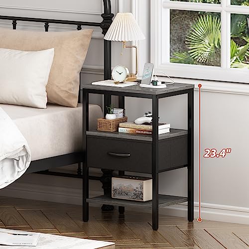 SUPERJARE Nightstand Set of 2, Bed Side Tables with Charging Station, Adjustable Fabric Drawer, Night Stand for Bedroom, 3-Tier Storage End Tables, for Living Room - Charcoal Gray - color: Charcoal Gray and Black, size: M-2 (11.8"D x 15.7"W x 23.4"H)