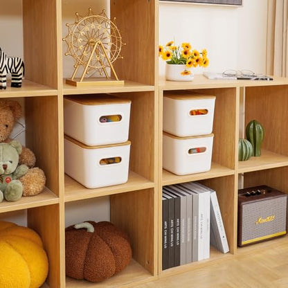Citylife Storage Bins with Bamboo Lids 7QT Plastic Storage Containers Stackable Organizer Boxes with Handle for Desk Snacks, Toys, 2 PCS, 10" L x 7" W x 5.8" H - size: Small, style: 2 Pack