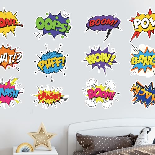 Superhero Comic Words Wall Decals - 12 Pack Action Sound Effects Stickers Peel and Stick Vinyl, Waterproof & Durable, Perfect for Kids' Room, Playroom, Nursery, Game Room, or Office Decor (2) - color: Ap-wd183