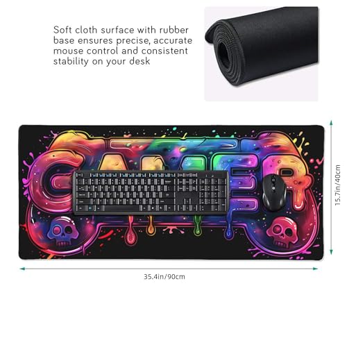 Gaming Mouse Pad, Extra Large Desk Mat, 35.4 x 15.7 Inches, Rectangular, Rubber, Anti-Slip Base, Gamer Print - color: Neon Gaming