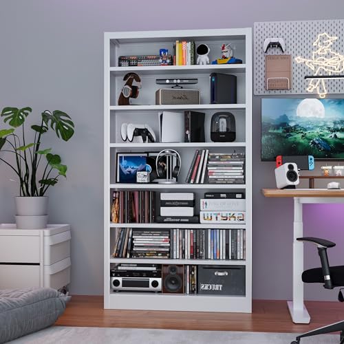 Metal 7-Tier CD Storage Rack, DVD Storage Shelves with Adjustable Shelves, DVD Organizer Shelf, Media Cabinet for CD Holder, Movies, Blu rays, Games for Living Room & Home Office (White) - color: White-7 Tier
