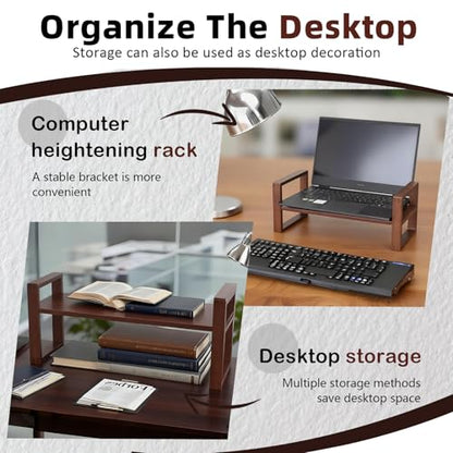 Desk Shelf, 100% Solid Wood Adjustable Desktop Bookshelf, No Tools, Nails or Glue Required for 130lb Load Capacity for Living Room, Office, Books, Cookbooks, Interlocking Joints Walnut Colour - color: Interlocking Joints Walnut Colour