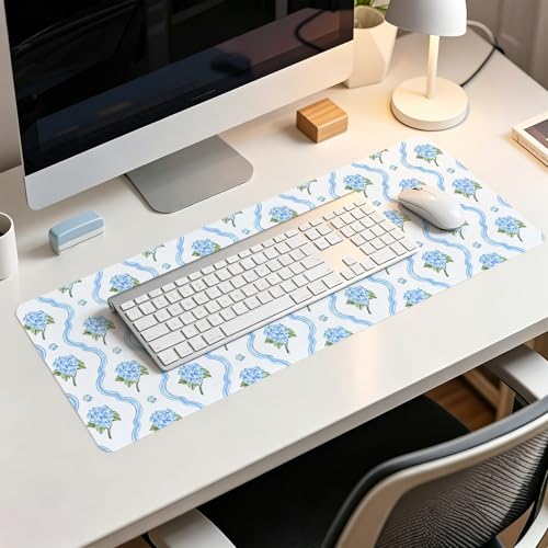 Light Blue Hydrangea Floral Large Mouse Pad,Summer Preppy Cottagecore Desk Mat,Aesthetic Blue and White Flower Botanical Mousepad,for Home Office Dorm Desktop Decor,31.5x11.8 Inch - color: Floral hydrangea XL