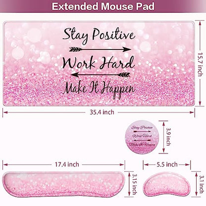 Mousepad Pink, Mouse Pad with Wrist Rest, 4-in-1 Large Mousepad+Keyboard Wrist Rest+Mouse Pad Wrist Support+Cup Pad Set,Ergonomic Mouse Pad,Anti-Slip,Memory Foam Desk Mat for Women Office Gaming - color: Pink Particle