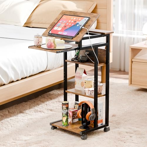 ZIFTY Couch Table with Charging Station and Storage Shelves 360°Swivel End Table with Shelves and Wheels C Shaped End Table for Laptops Tv Tray Side Table for Living Room Bedroom Rustic