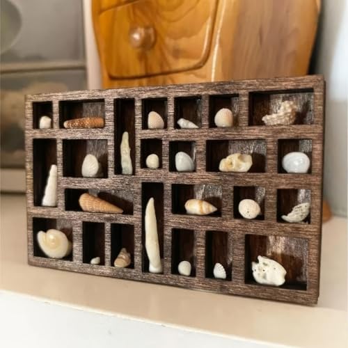 Wooden Miniature Trinket Shelf & Shadow Box (Dark Brown): Multi-Grid Organizer for Tiny Collectibles, Miniatures, Dollhouse Accessories & Desk Display