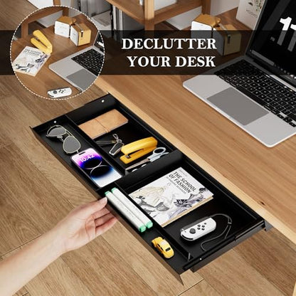 Under Desk Drawer 28.3" Wide, 60° Ergonomic Tilt Organizer with Multi-Compartment – Ball Bearing Slides, Fully Assembled, Under Desk Storage for Home Office Supplies
