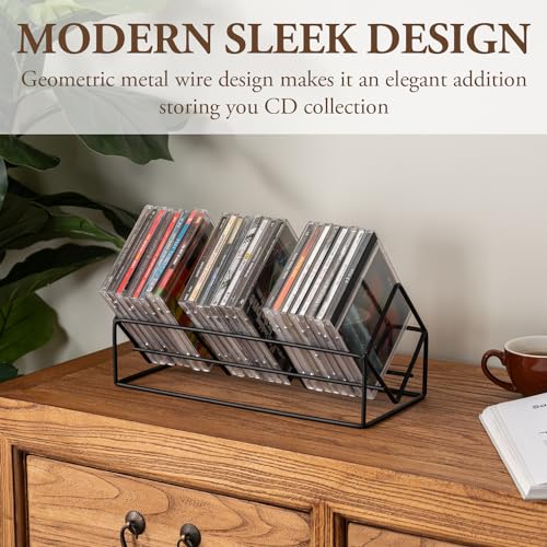 MyGift 3 Slot CD Holder Storage Stand, Video Game DVD Media Organizer Rack, Tabletop Compact Disc Shelf, CD Tower Holds 30 Jewel Cases, Modern Matte Black Metal Wire
