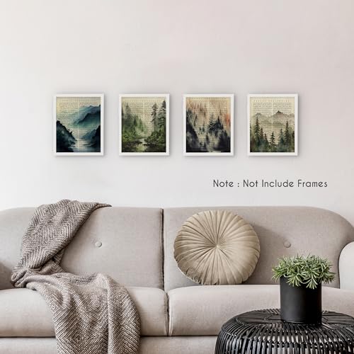 HRQKO Vintage Forest Mountain Wall Art Set of 4, Watercolor Landscape Artwork Printing Posters, Forest Wall Art Prints for Living Room 8'x10' Unframed