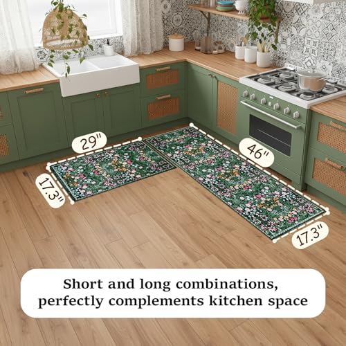 Kitchen Rugs Sets of 2 PCS, Non Slip Washable Kitchen Mats for Floor, Low Pile Soft Boho Floral Rug Runner for Home Decor, Green, 17.3"x46"+17.3"x29" - color: Green